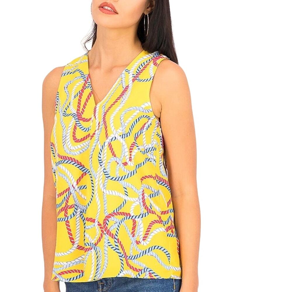 MNG Mango Yellow Nautical Sailor Rope Print V-Neck Sleeveless Top Size 10